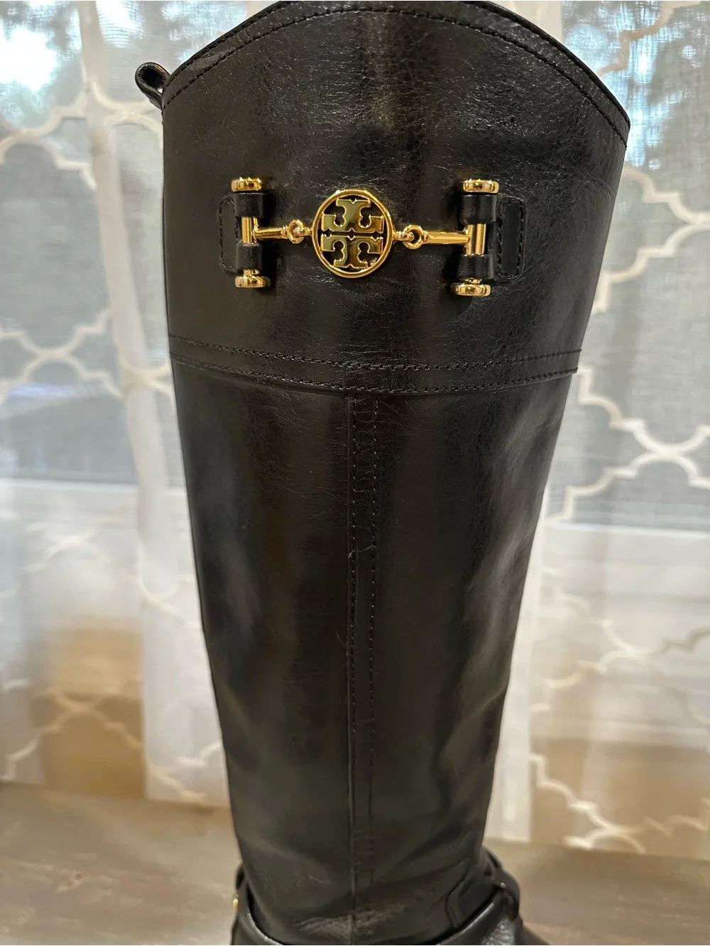 Tory Burch Nadine Black Leather Knee High Riding Boots Gold Logo Medallion 8
